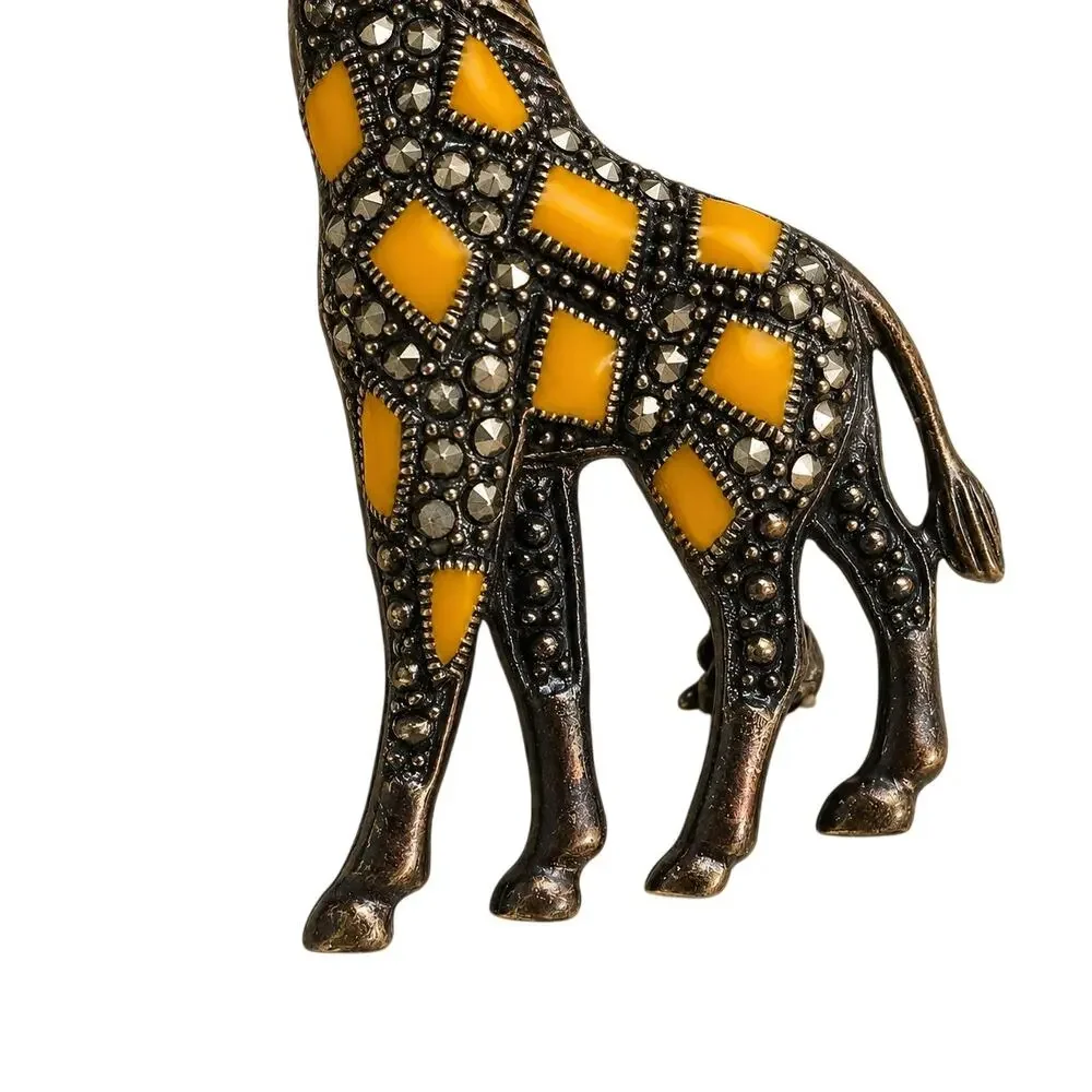 Vintage Sterling Marcasite Giraffe Brooch Yellow Enamel 925 Thailand
